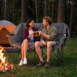 Campingstuhl für 2 Personen XXL Campingsofa mit Getränkehaltern & Netztaschen Klappstuhl Grau