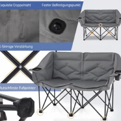 Campingstuhl für 2 Personen XXL Campingsofa mit Getränkehaltern & Netztaschen Klappstuhl Grau