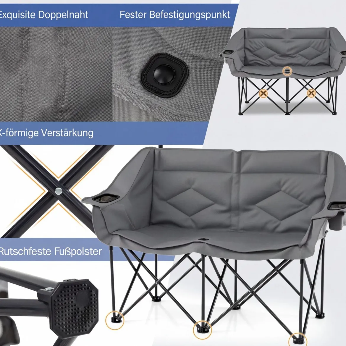 Campingstuhl für 2 Personen XXL Campingsofa mit Getränkehaltern & Netztaschen Klappstuhl Grau