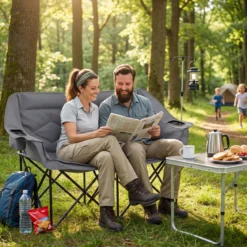 Campingstuhl für 2 Personen XXL Campingsofa mit Getränkehaltern & Netztaschen Klappstuhl Grau