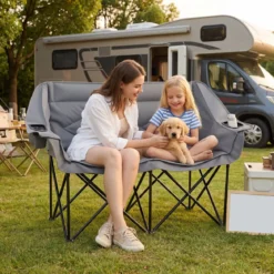 Campingstuhl für 2 Personen XXL Campingsofa mit Getränkehaltern & Netztaschen Klappstuhl Grau