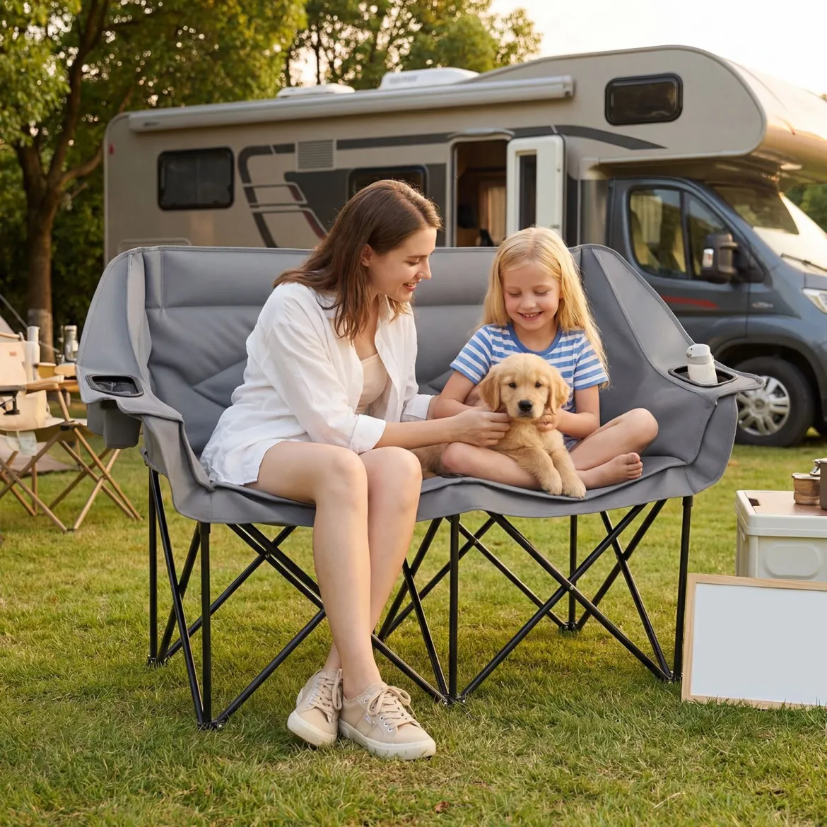 Campingstuhl für 2 Personen XXL Campingsofa mit Getränkehaltern & Netztaschen Klappstuhl Grau