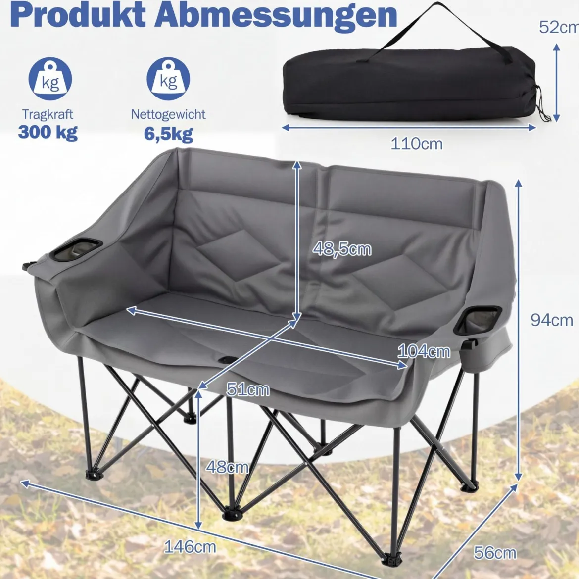Campingstuhl für 2 Personen XXL Campingsofa mit Getränkehaltern & Netztaschen Klappstuhl Grau