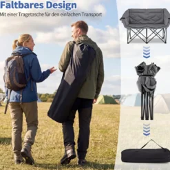 Campingstuhl für 2 Personen XXL Campingsofa mit Getränkehaltern & Netztaschen Klappstuhl Grau