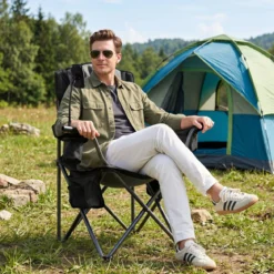 Campingstuhl Klappbar Tragbarer Angelstuhl mit Kühltasche bis 200 kg Belastbar Schwarz