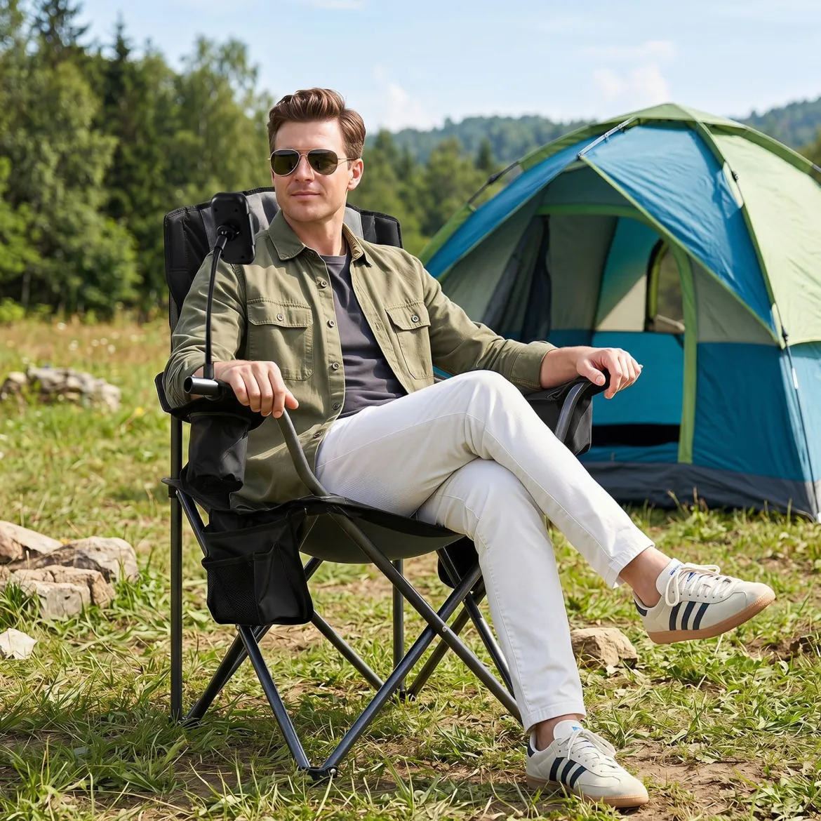 Campingstuhl Klappbar Tragbarer Angelstuhl mit Kühltasche bis 200 kg Belastbar Schwarz