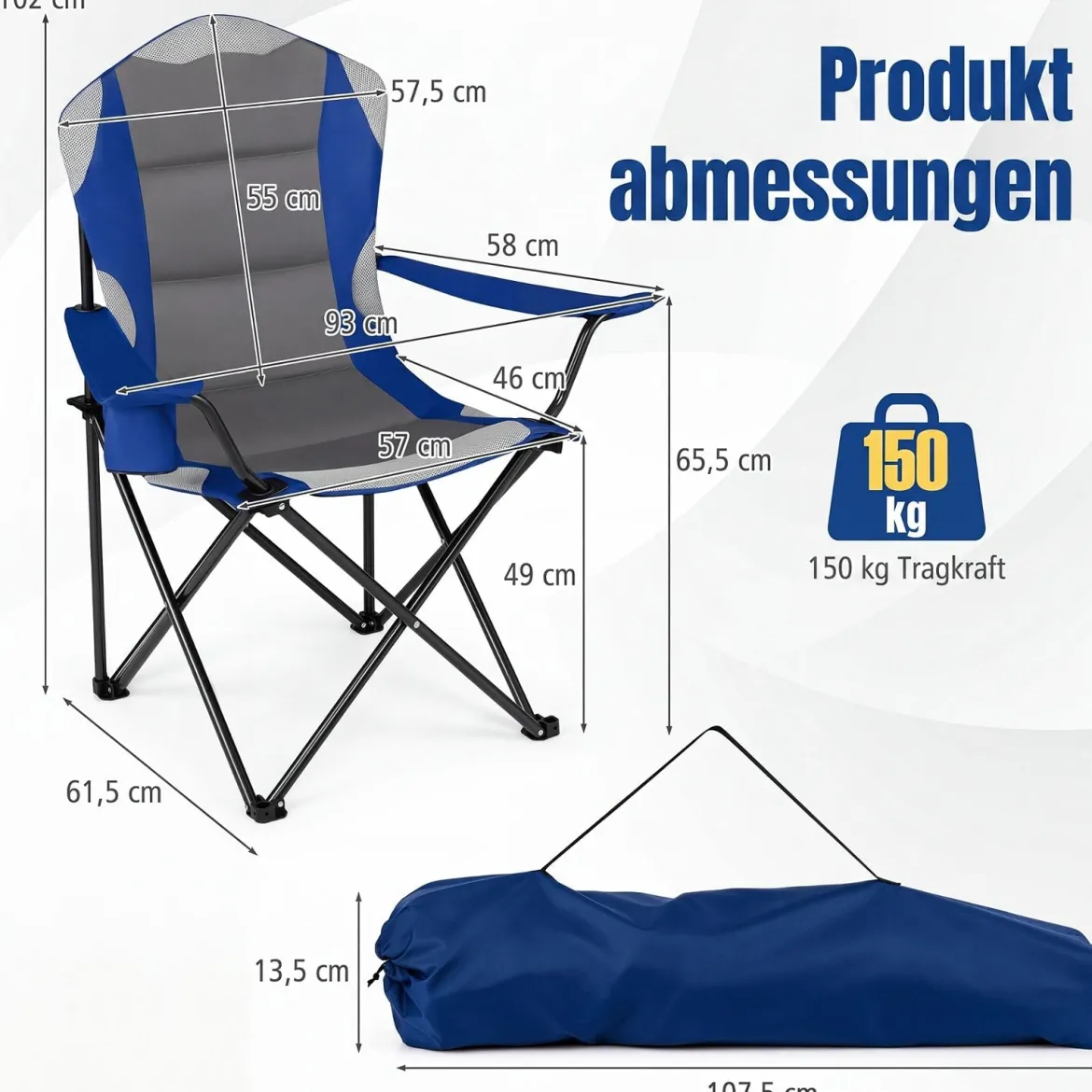 Campingstuhl Klappbar tragbarer Angelstuhl mit Getränkehalter Rutschfesten Füßen Blau