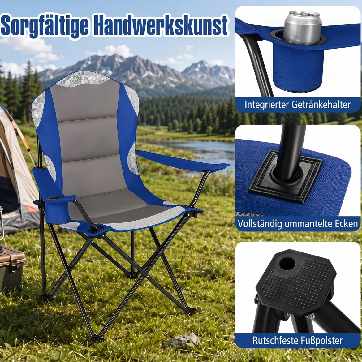 Campingstuhl Klappbar tragbarer Angelstuhl mit Getränkehalter Rutschfesten Füßen Blau