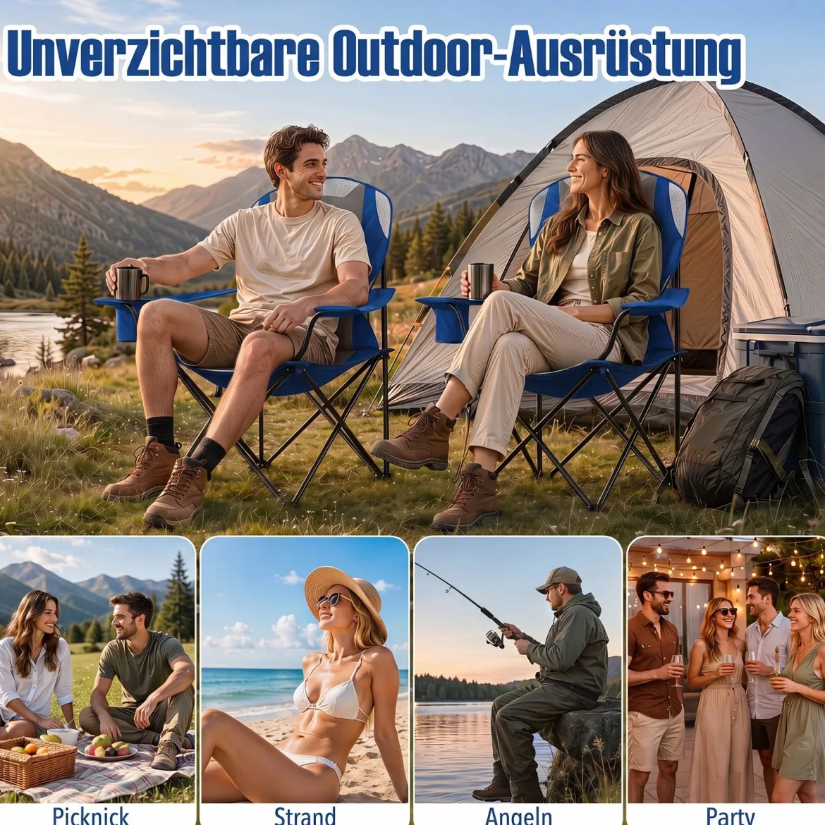 Campingstuhl Klappbar tragbarer Angelstuhl mit Getränkehalter Rutschfesten Füßen Blau