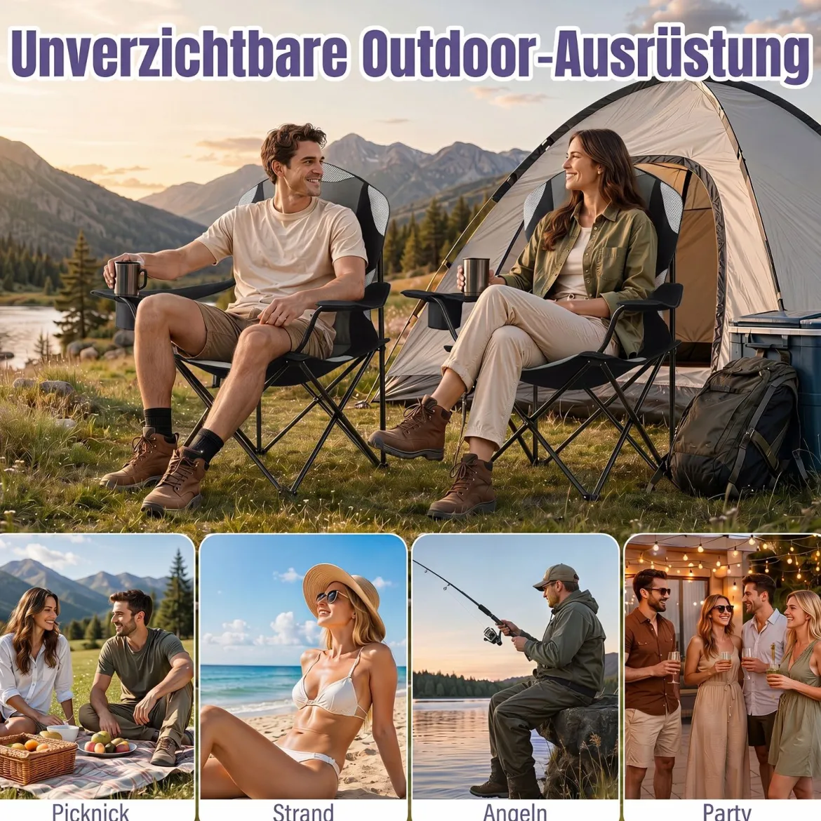 Campingstuhl Klappbar tragbarer Angelstuhl mit Getränkehalter Rutschfesten Füßen Schwarz