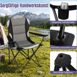 Campingstuhl Klappbar tragbarer Angelstuhl mit Getränkehalter Rutschfesten Füßen Schwarz
