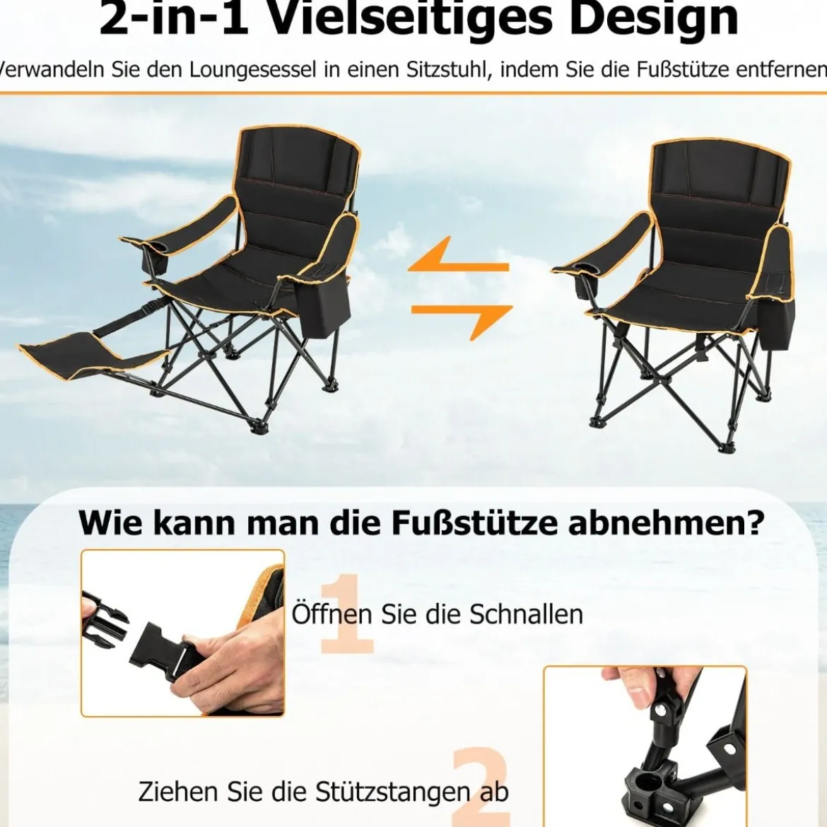 Campingstuhl mit Abnehmbarer Fußablage & Getränkehalter & Kühltasche Klappbarer Angelstuhl