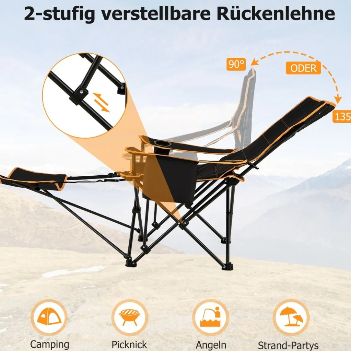 Campingstuhl mit Abnehmbarer Fußablage & Getränkehalter & Kühltasche Klappbarer Angelstuhl