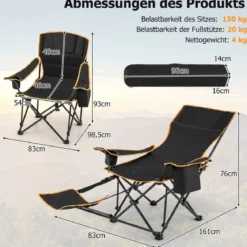 Campingstuhl mit Abnehmbarer Fußablage & Getränkehalter & Kühltasche Klappbarer Angelstuhl