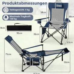Campingstuhl mit Abnehmbarer Fußablage & Verstellbarer Rückenlehne & Kopfstütze Angelstuhl