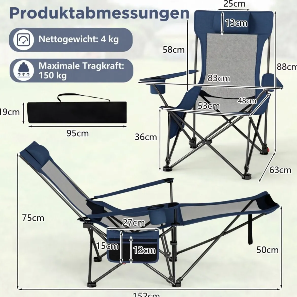 Campingstuhl mit Abnehmbarer Fußablage & Verstellbarer Rückenlehne & Kopfstütze Angelstuhl