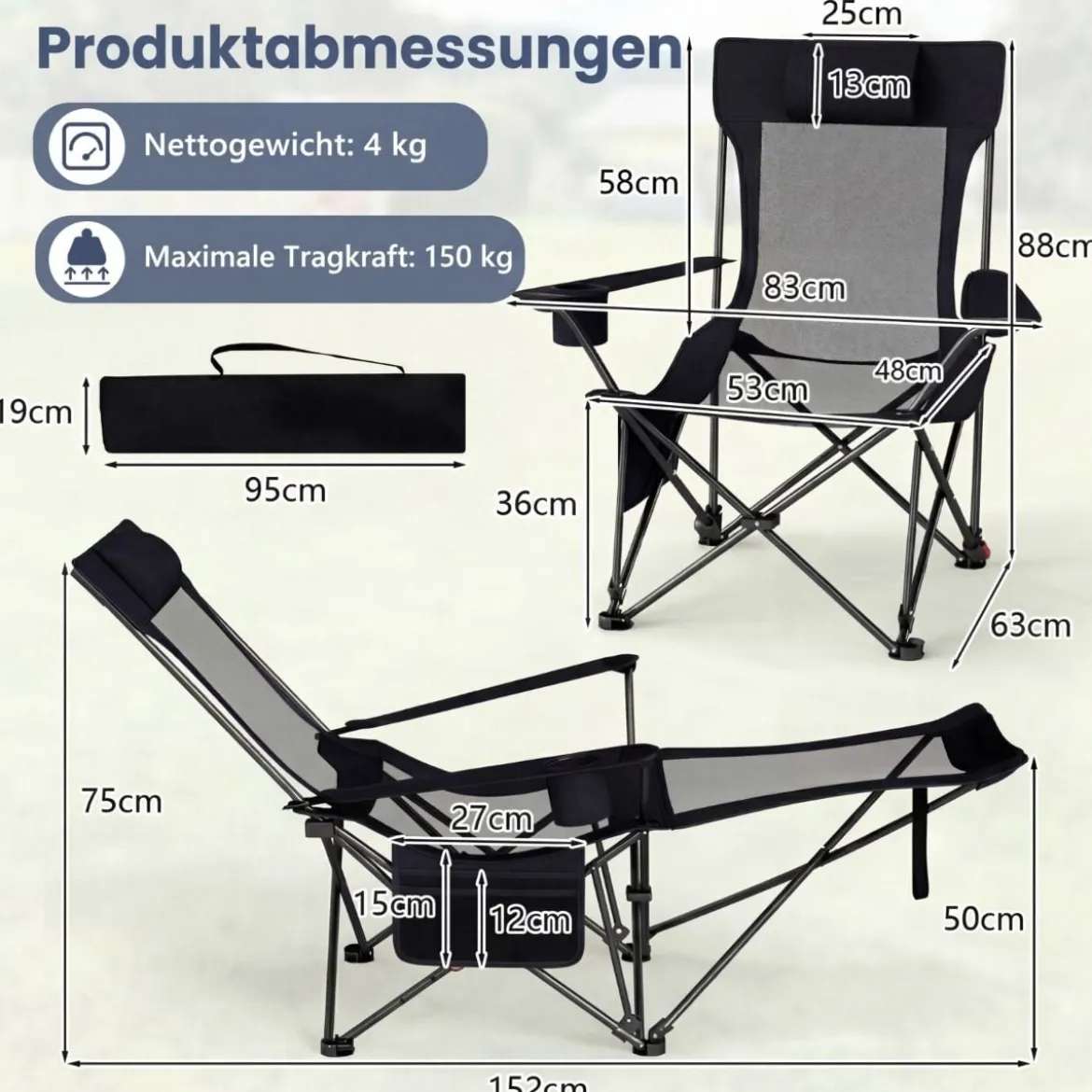 Campingstuhl mit Abnehmbarer Fußablage & Verstellbarer Rückenlehne & Kopfstütze Angelstuhl