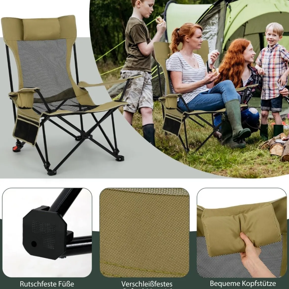 Campingstuhl mit Abnehmbarer Fußablage & Verstellbarer Rückenlehne & Kopfstütze Angelstuhl
