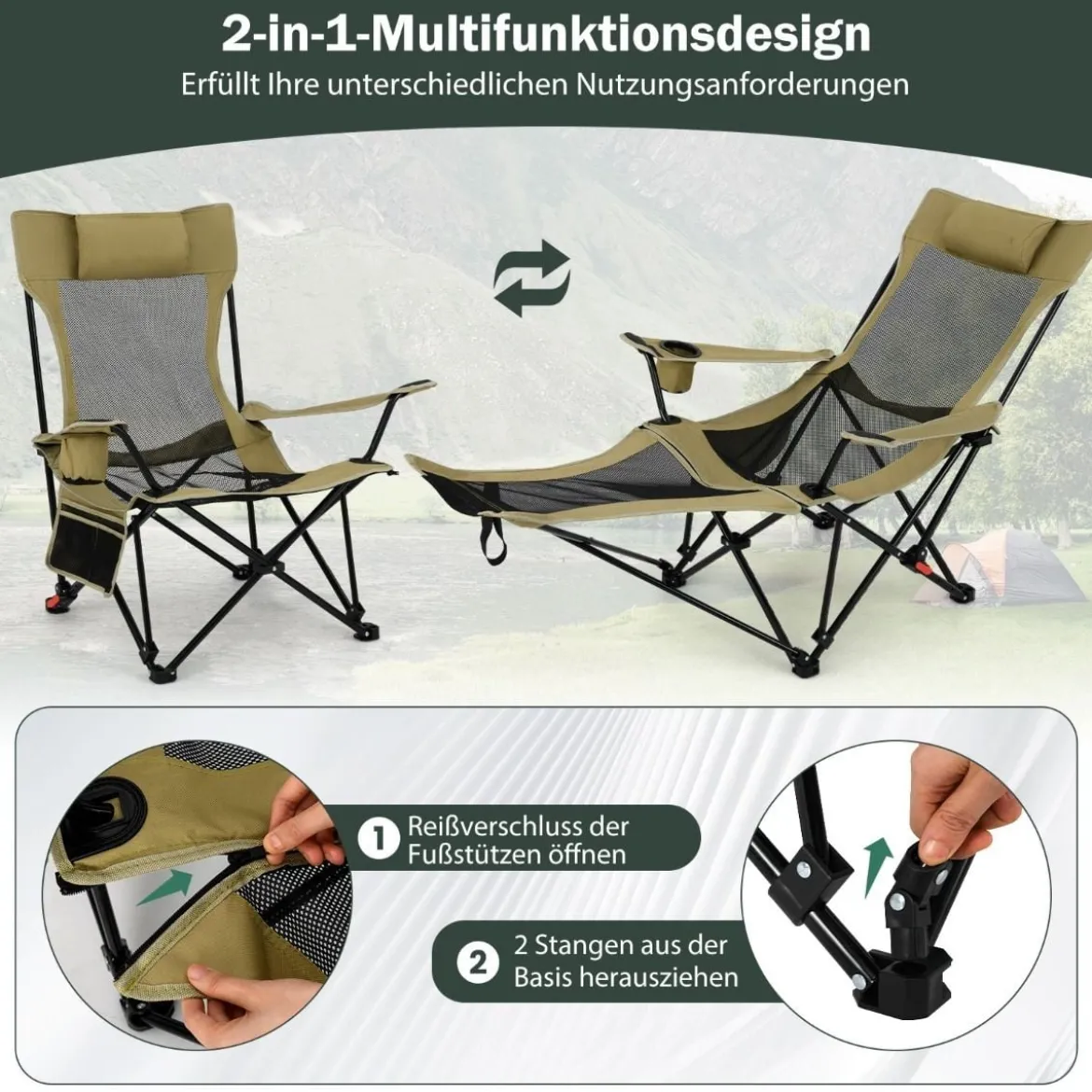 Campingstuhl mit Abnehmbarer Fußablage & Verstellbarer Rückenlehne & Kopfstütze Angelstuhl