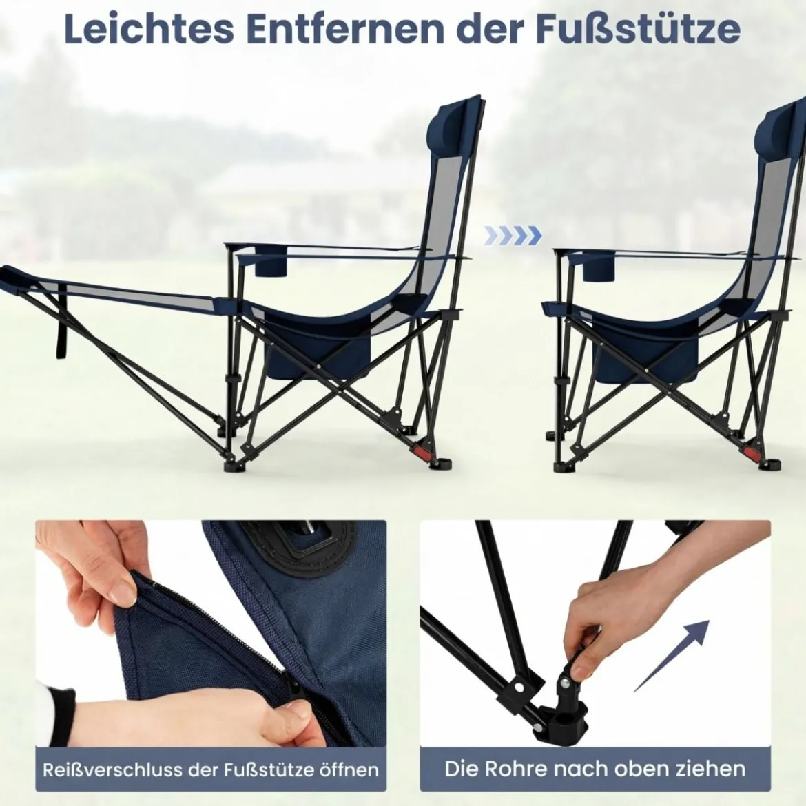 Campingstuhl mit Abnehmbarer Fußablage & Verstellbarer Rückenlehne & Kopfstütze Angelstuhl