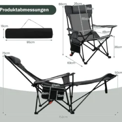 Campingstuhl mit Abnehmbarer Fußablage & Verstellbarer Rückenlehne & Kopfstütze Angelstuhl