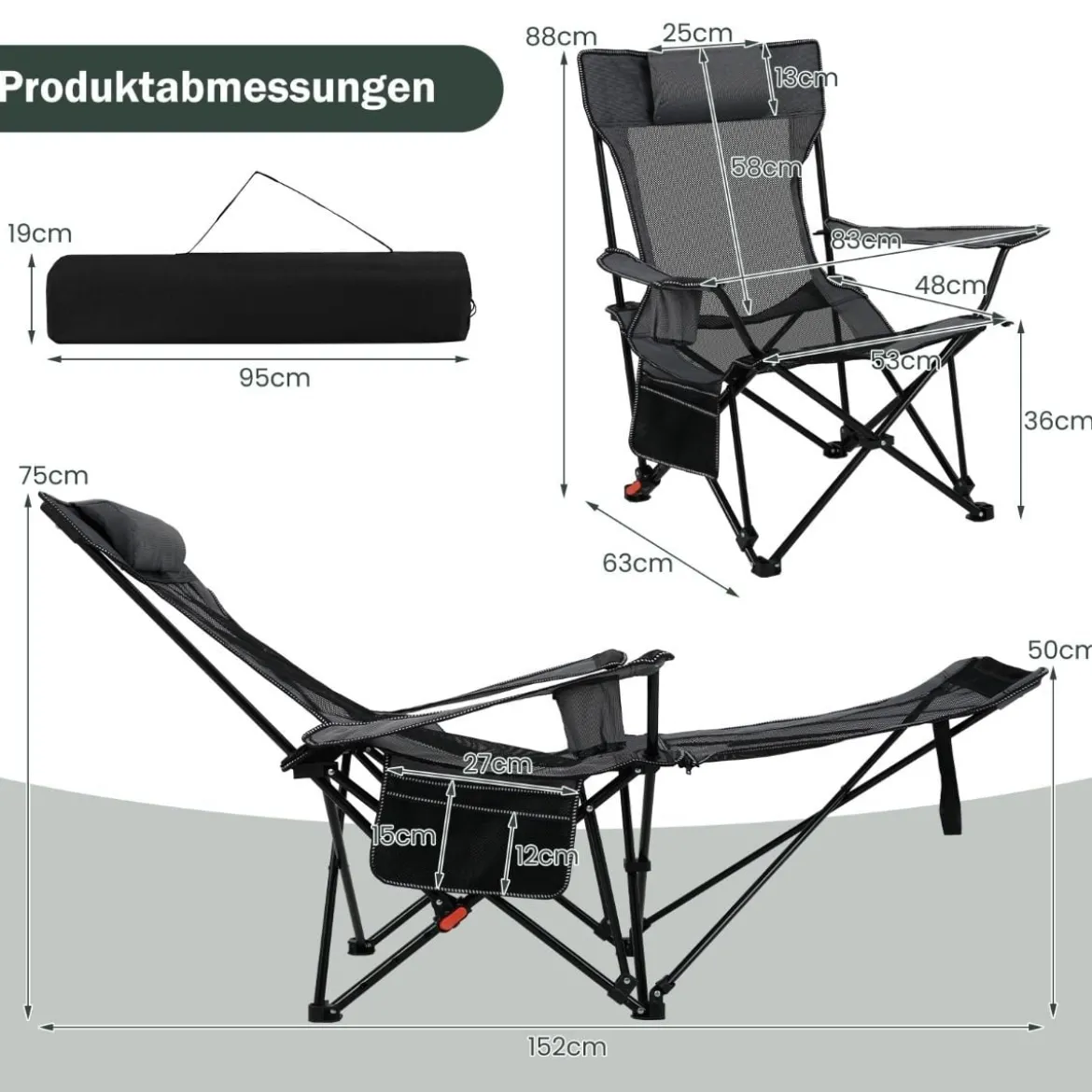 Campingstuhl mit Abnehmbarer Fußablage & Verstellbarer Rückenlehne & Kopfstütze Angelstuhl