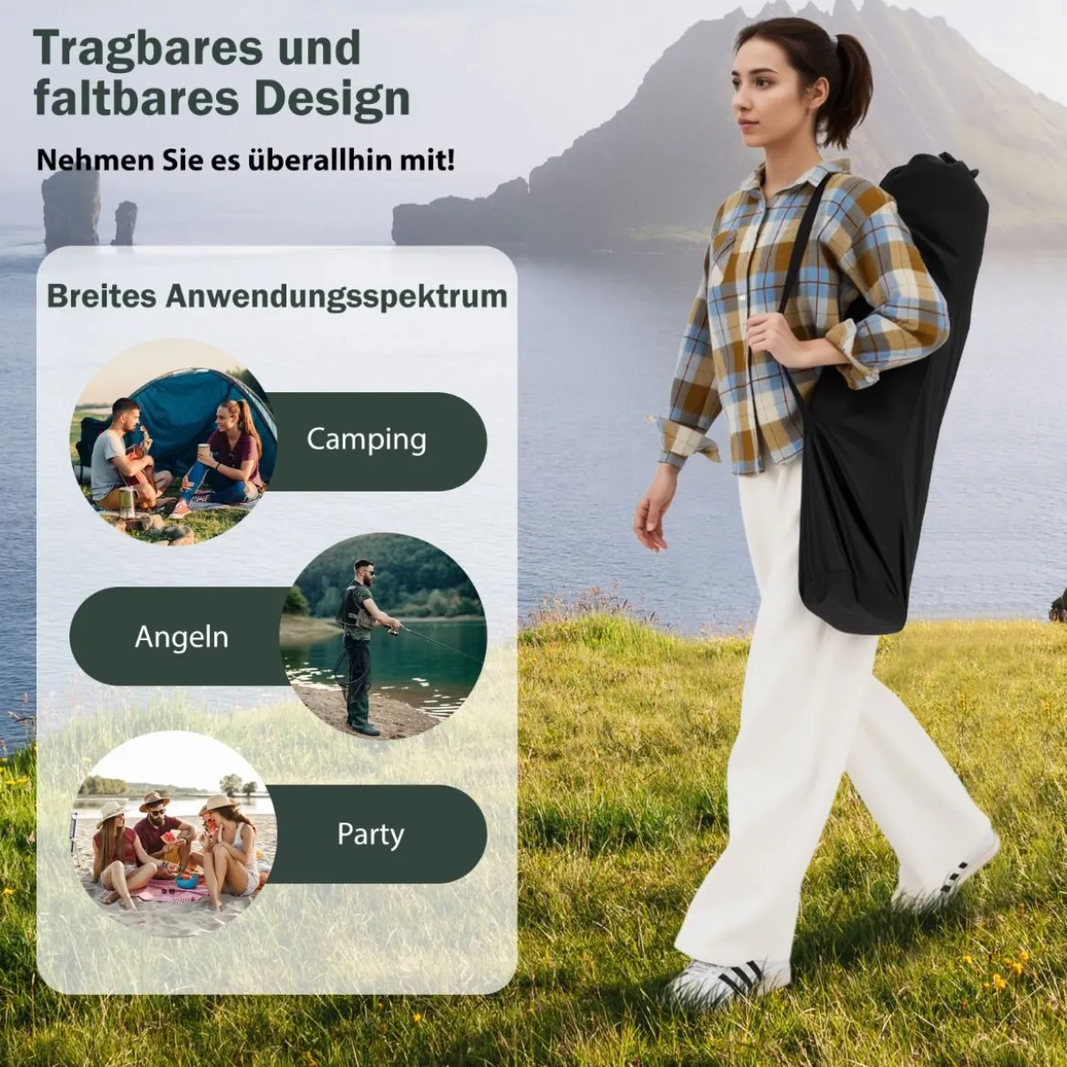 Campingstuhl mit Abnehmbarer Fußablage & Verstellbarer Rückenlehne & Kopfstütze Angelstuhl
