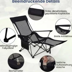 Campingstuhl mit Abnehmbarer Fußablage & Verstellbarer Rückenlehne & Kopfstütze Angelstuhl