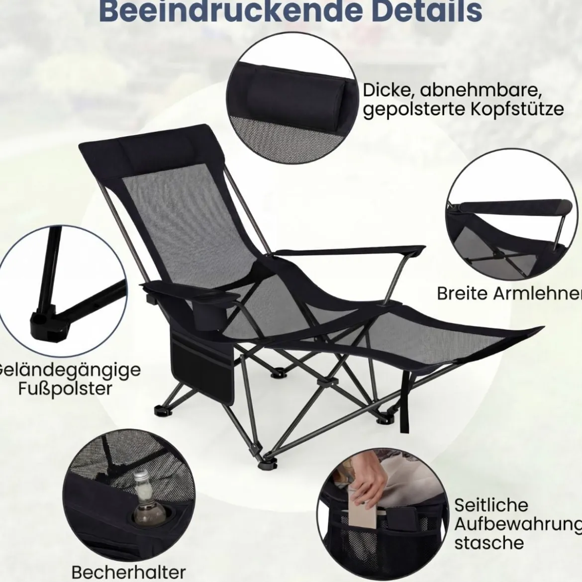Campingstuhl mit Abnehmbarer Fußablage & Verstellbarer Rückenlehne & Kopfstütze Angelstuhl