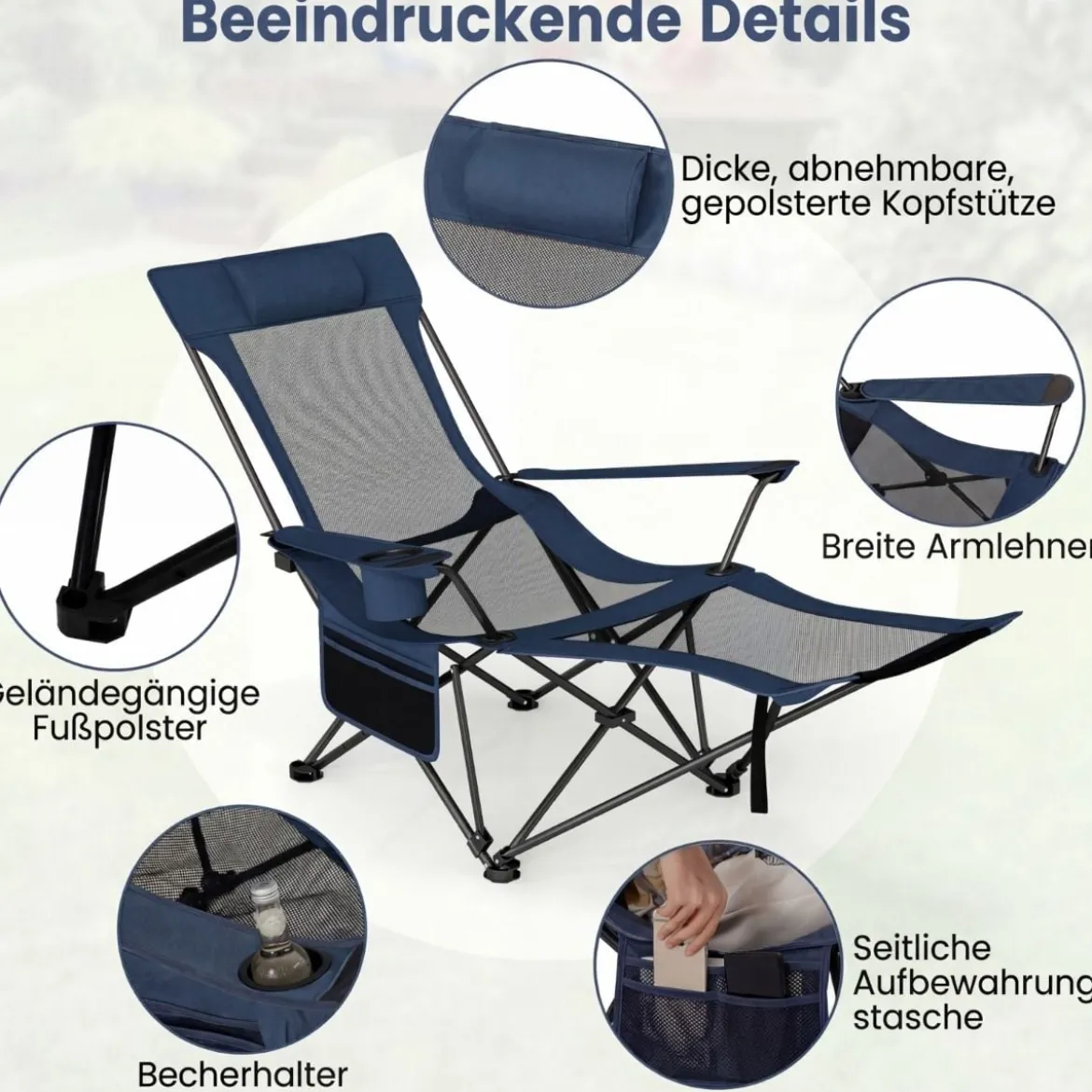Campingstuhl mit Abnehmbarer Fußablage & Verstellbarer Rückenlehne & Kopfstütze Angelstuhl