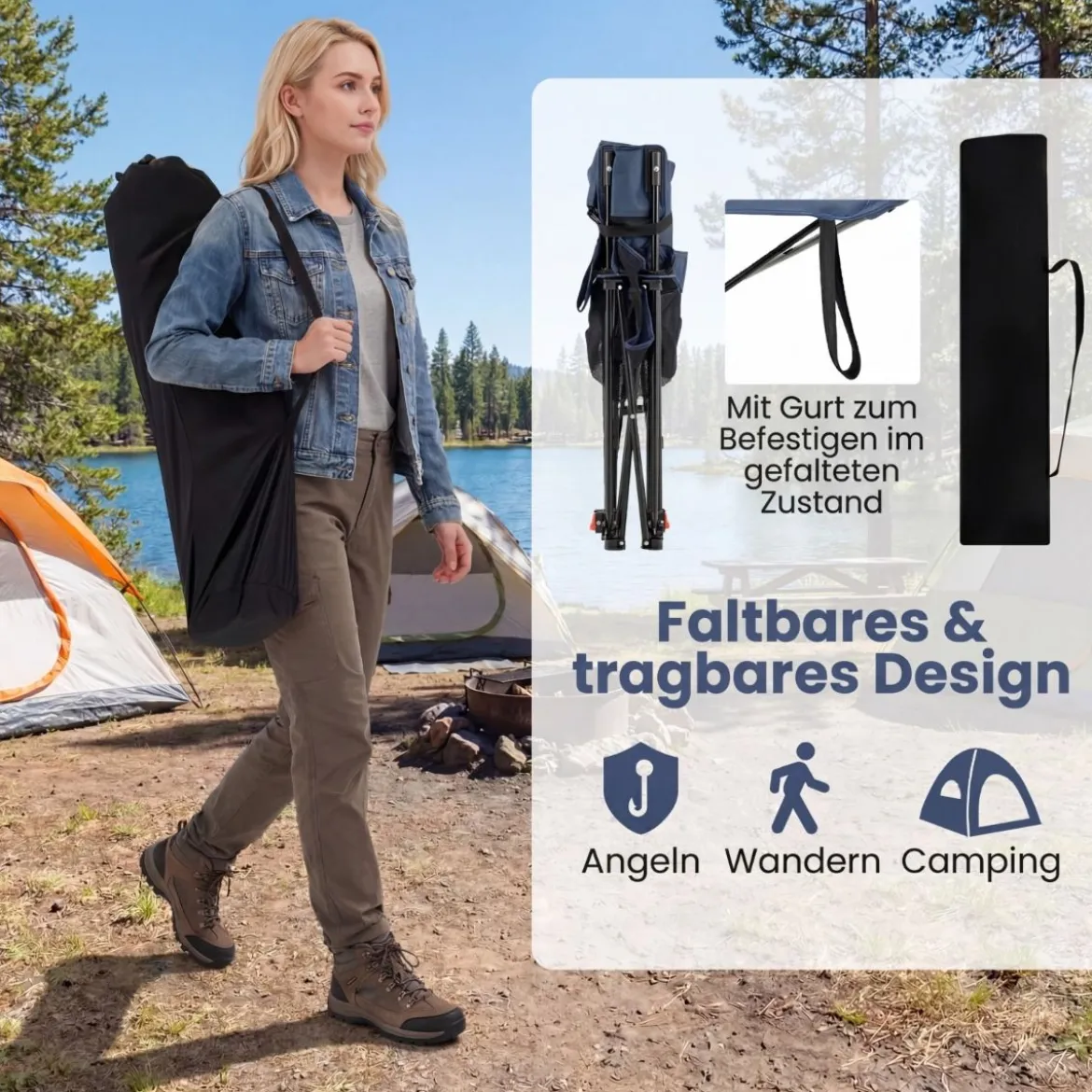 Campingstuhl mit Abnehmbarer Fußablage & Verstellbarer Rückenlehne & Kopfstütze Angelstuhl