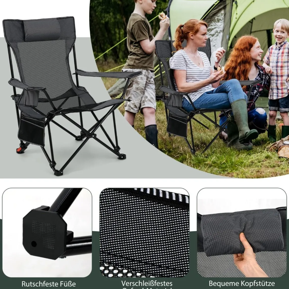 Campingstuhl mit Abnehmbarer Fußablage & Verstellbarer Rückenlehne & Kopfstütze Angelstuhl