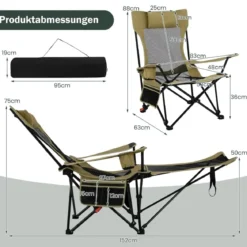 Campingstuhl mit Abnehmbarer Fußablage & Verstellbarer Rückenlehne & Kopfstütze Angelstuhl