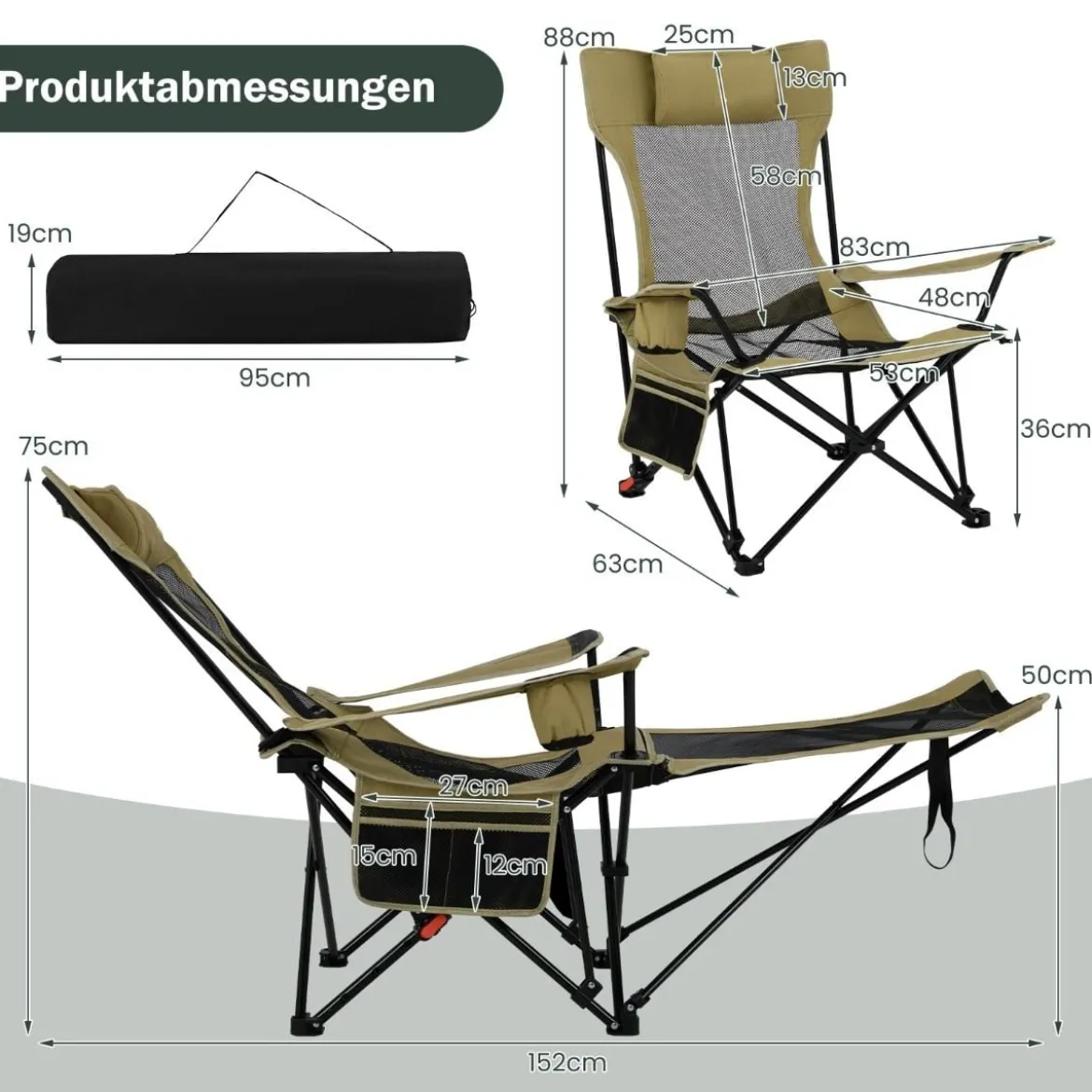 Campingstuhl mit Abnehmbarer Fußablage & Verstellbarer Rückenlehne & Kopfstütze Angelstuhl
