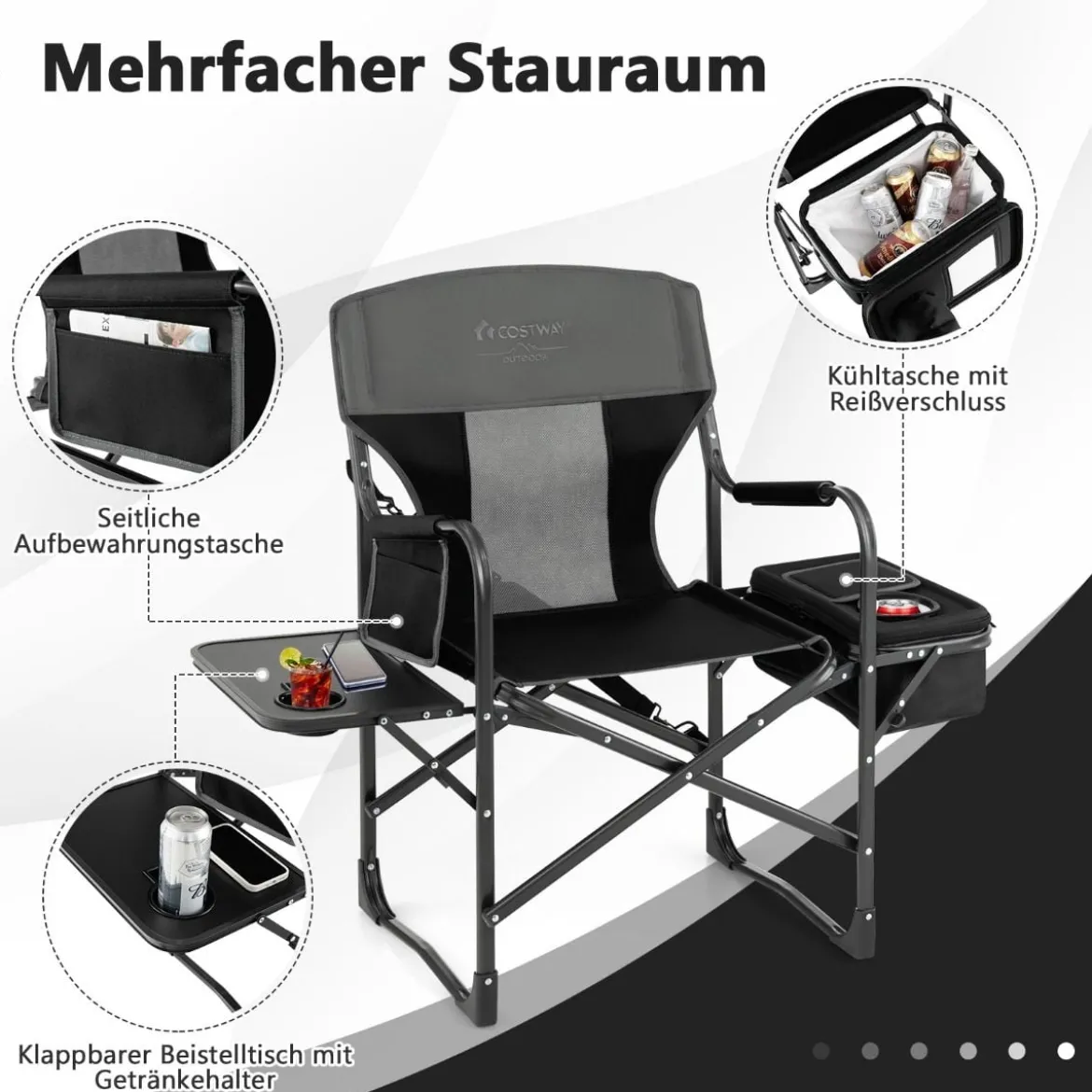 Campingstuhl mit Seitentisch Kühltasche & Aufbewahrungstasche 113 x 56 x 98 cm Schwarz