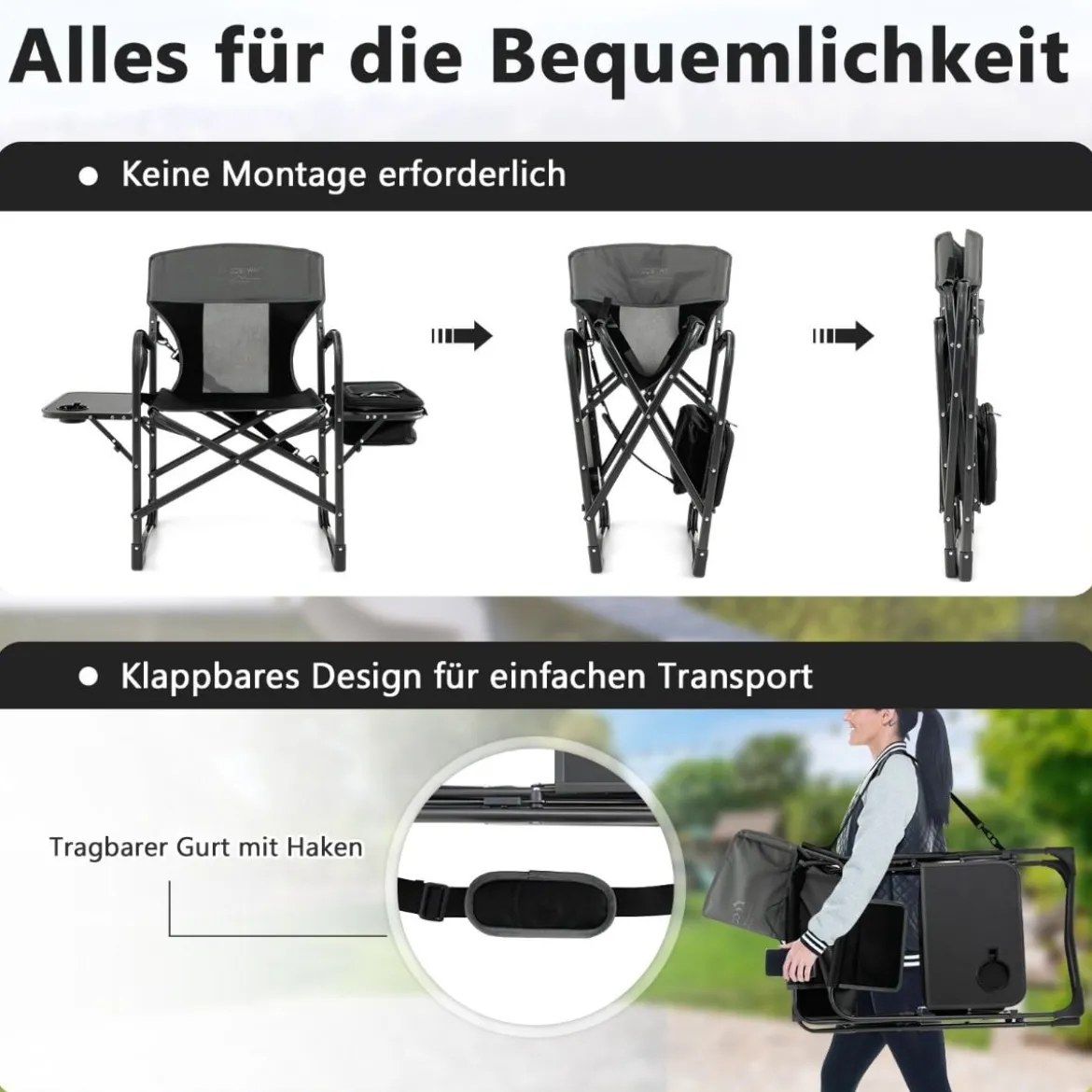 Campingstuhl mit Seitentisch Kühltasche & Aufbewahrungstasche 113 x 56 x 98 cm Schwarz