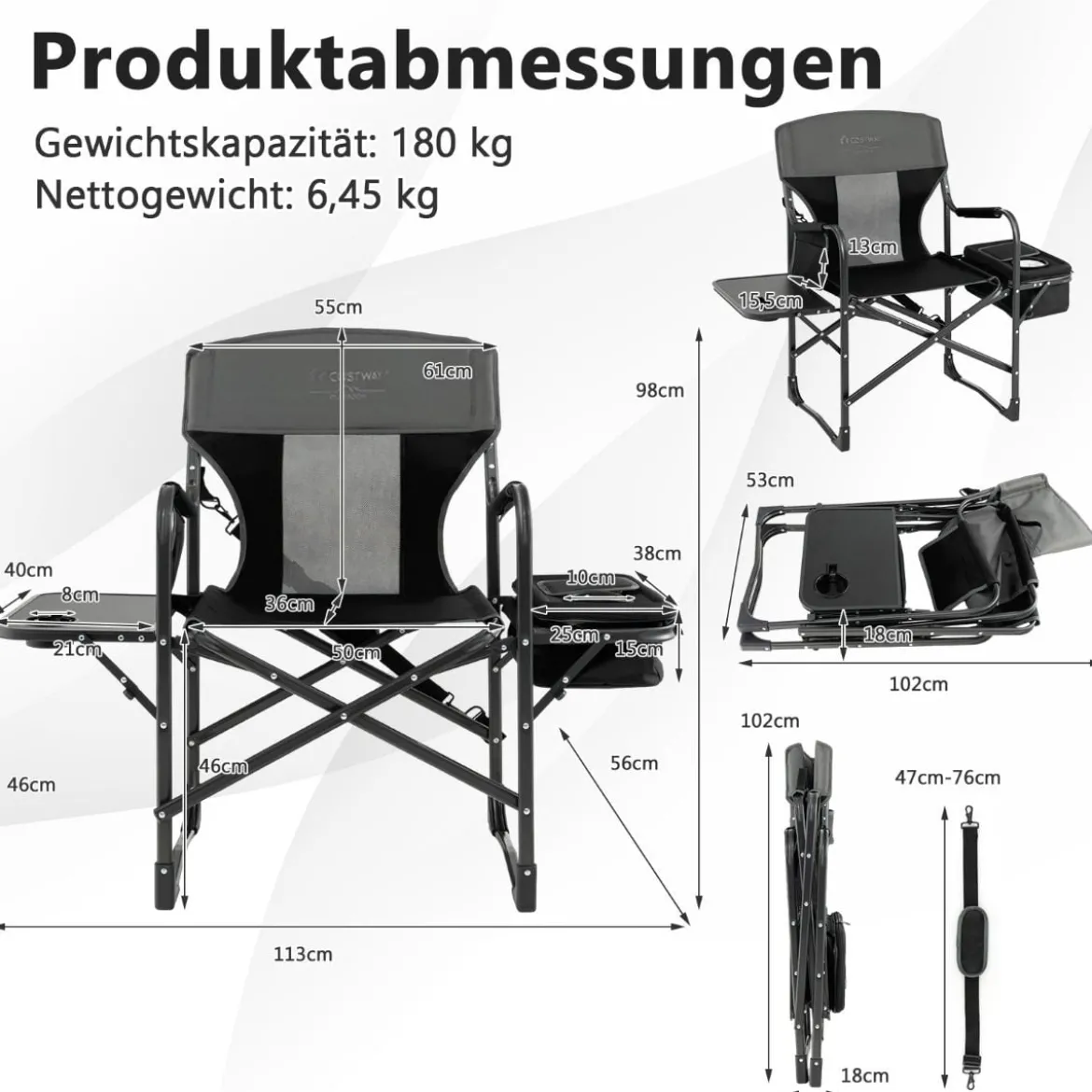 Campingstuhl mit Seitentisch Kühltasche & Aufbewahrungstasche 113 x 56 x 98 cm Schwarz