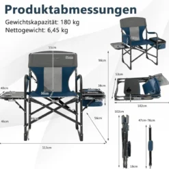 Campingstuhl mit Seitentisch Kühltasche & Aufbewahrungstasche 113 x 56 x 98 cm Blau
