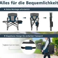 Campingstuhl mit Seitentisch Kühltasche & Aufbewahrungstasche 113 x 56 x 98 cm Blau