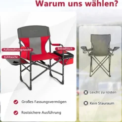 Campingstuhl mit Seitentisch & Kühltasche & Aufbewahrungstasche Klappbarer Angelstuhl Rot