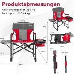 Campingstuhl mit Seitentisch & Kühltasche & Aufbewahrungstasche Klappbarer Angelstuhl Rot