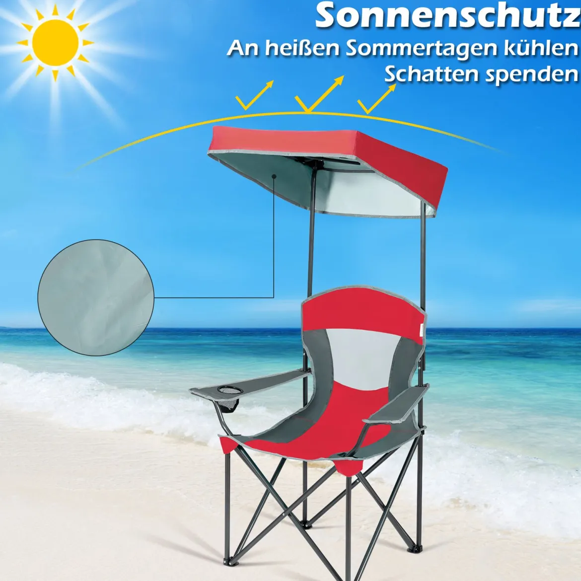 Campingstuhl mit Sonnendach Outdoor-Stuhl Klappstühle mit Sonnenschirm 90 x 72 x 150 cm Rot