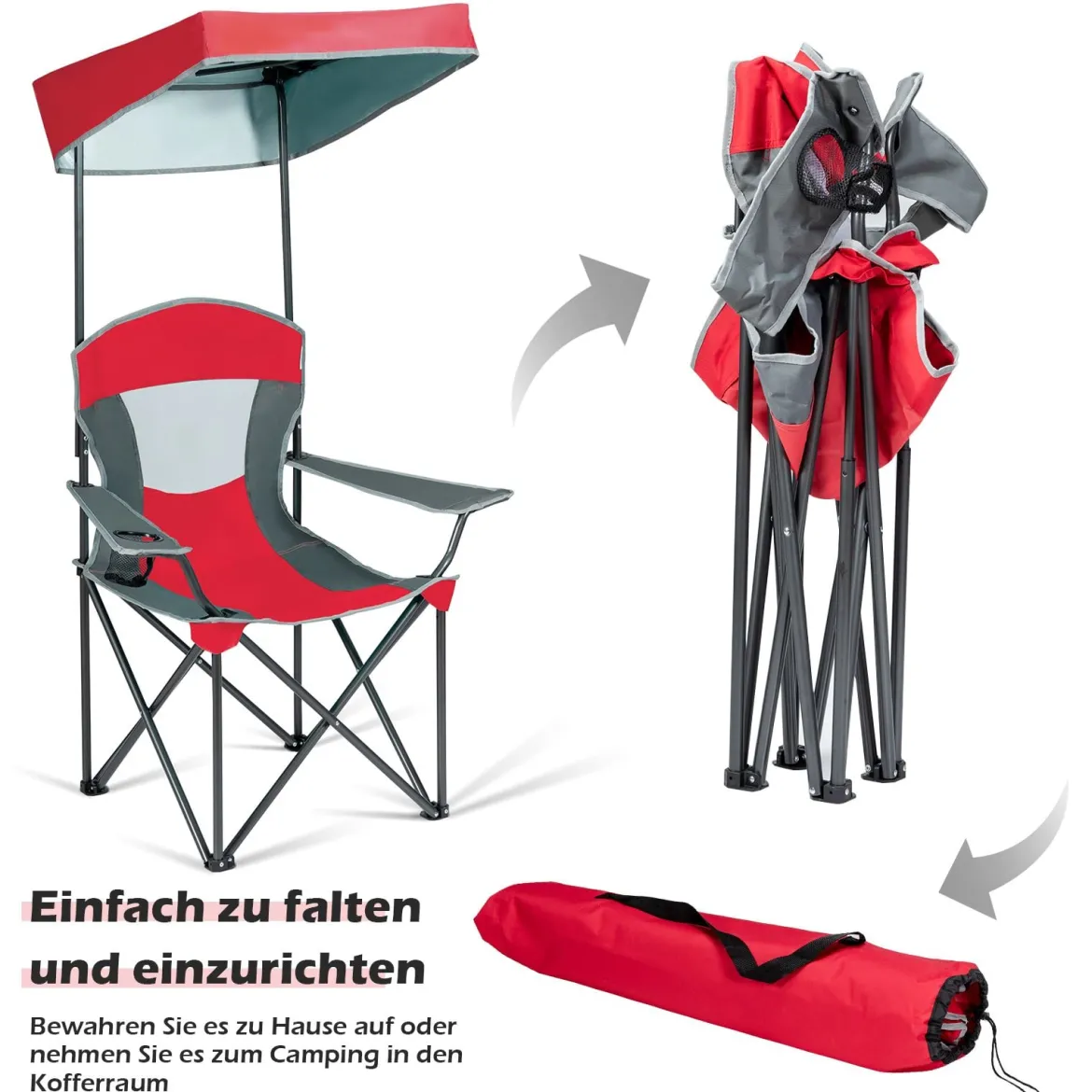Campingstuhl mit Sonnendach Outdoor-Stuhl Klappstühle mit Sonnenschirm 90 x 72 x 150 cm Rot