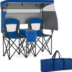 Campingstuhl mit Verstellbarem Sonnenschutz Klappstuhl mit Kühltasche & Becherhalter Marineblau