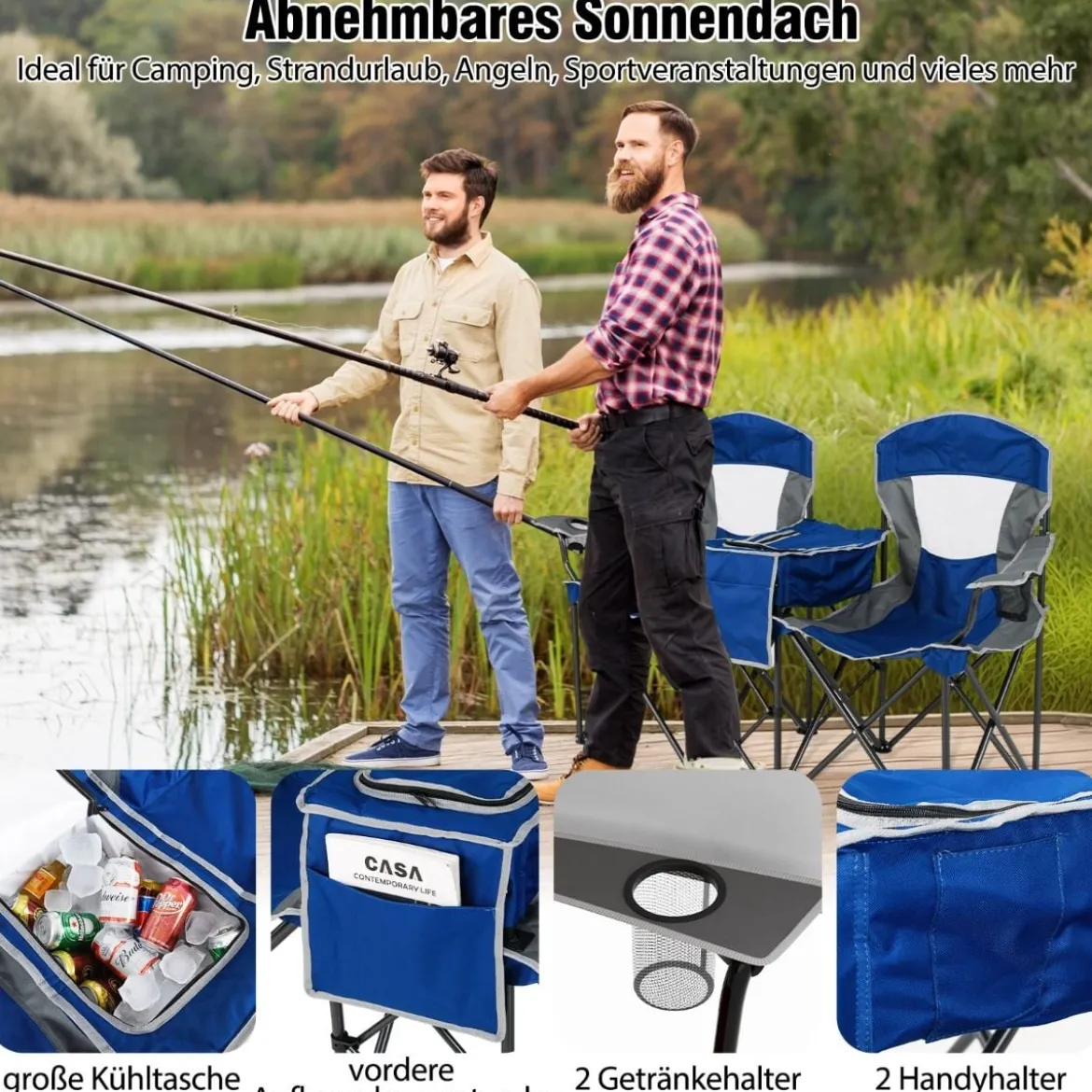 Campingstuhl mit Verstellbarem Sonnenschutz Klappstuhl mit Kühltasche & Becherhalter Marineblau