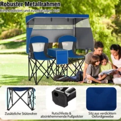 Campingstuhl mit Verstellbarem Sonnenschutz Klappstuhl mit Kühltasche & Becherhalter Marineblau