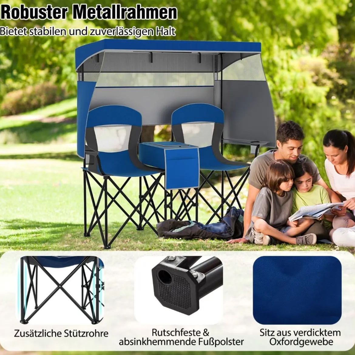 Campingstuhl mit Verstellbarem Sonnenschutz Klappstuhl mit Kühltasche & Becherhalter Marineblau
