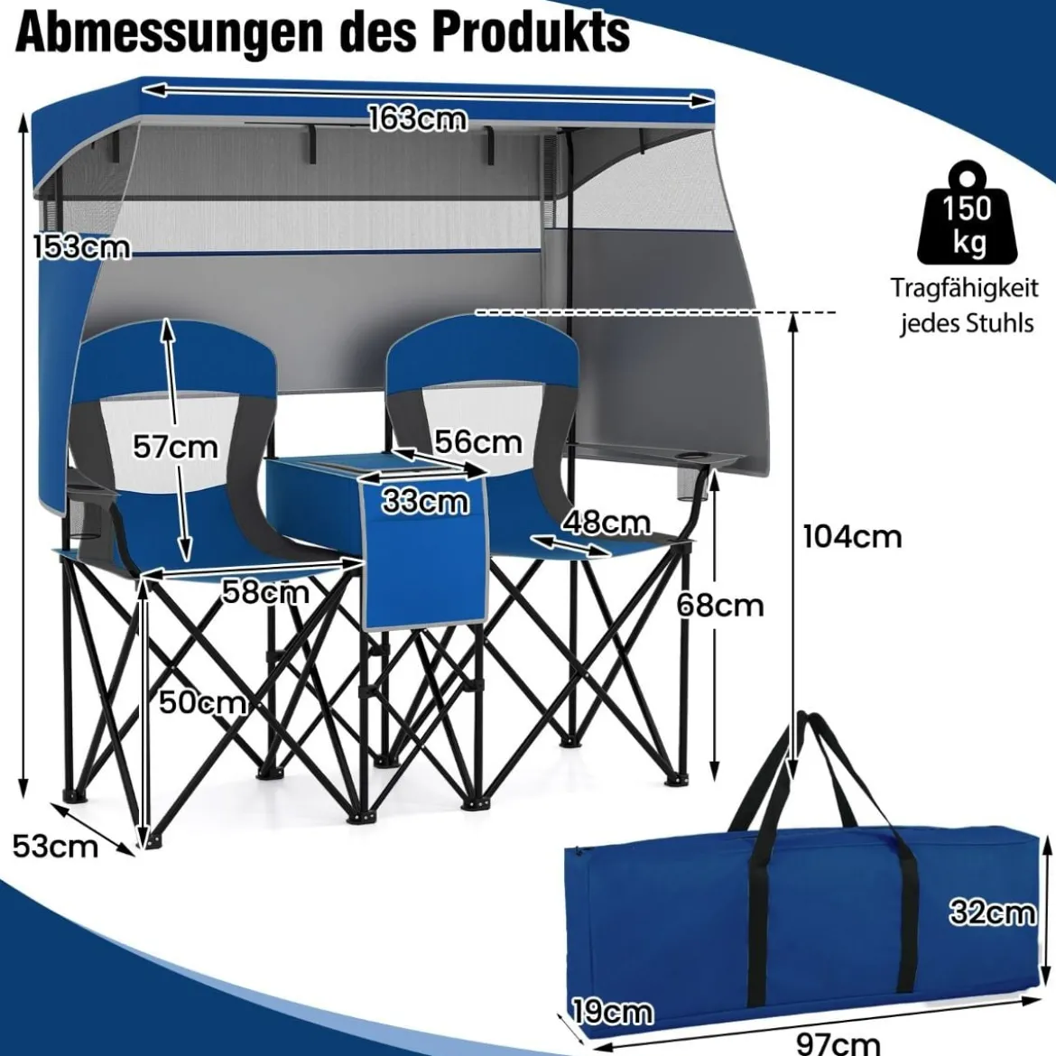 Campingstuhl mit Verstellbarem Sonnenschutz Klappstuhl mit Kühltasche & Becherhalter Marineblau