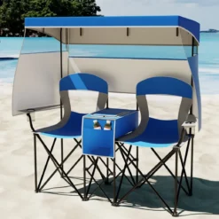 Campingstuhl mit Verstellbarem Sonnenschutz Klappstuhl mit Kühltasche & Becherhalter Marineblau