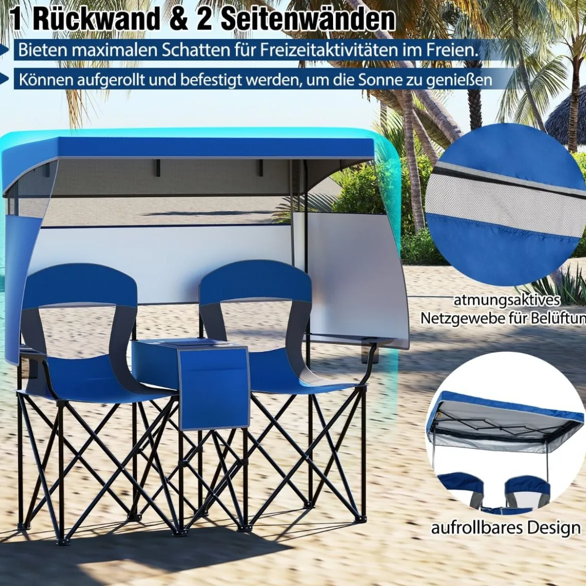 Campingstuhl mit Verstellbarem Sonnenschutz Klappstuhl mit Kühltasche & Becherhalter Marineblau